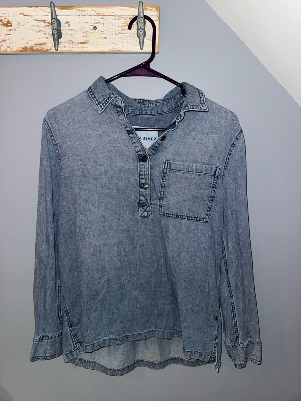 Light Washed Blue Button-Front Denim Pullover Shirt